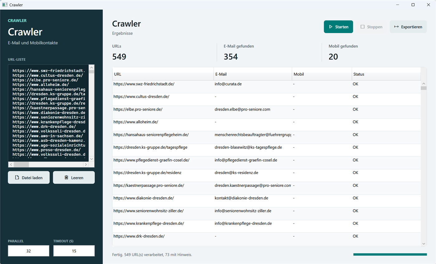 Ergebnisansicht des AP Data CRAWLER mit gefundenen E-Mail-Adressen und Mobilnummern