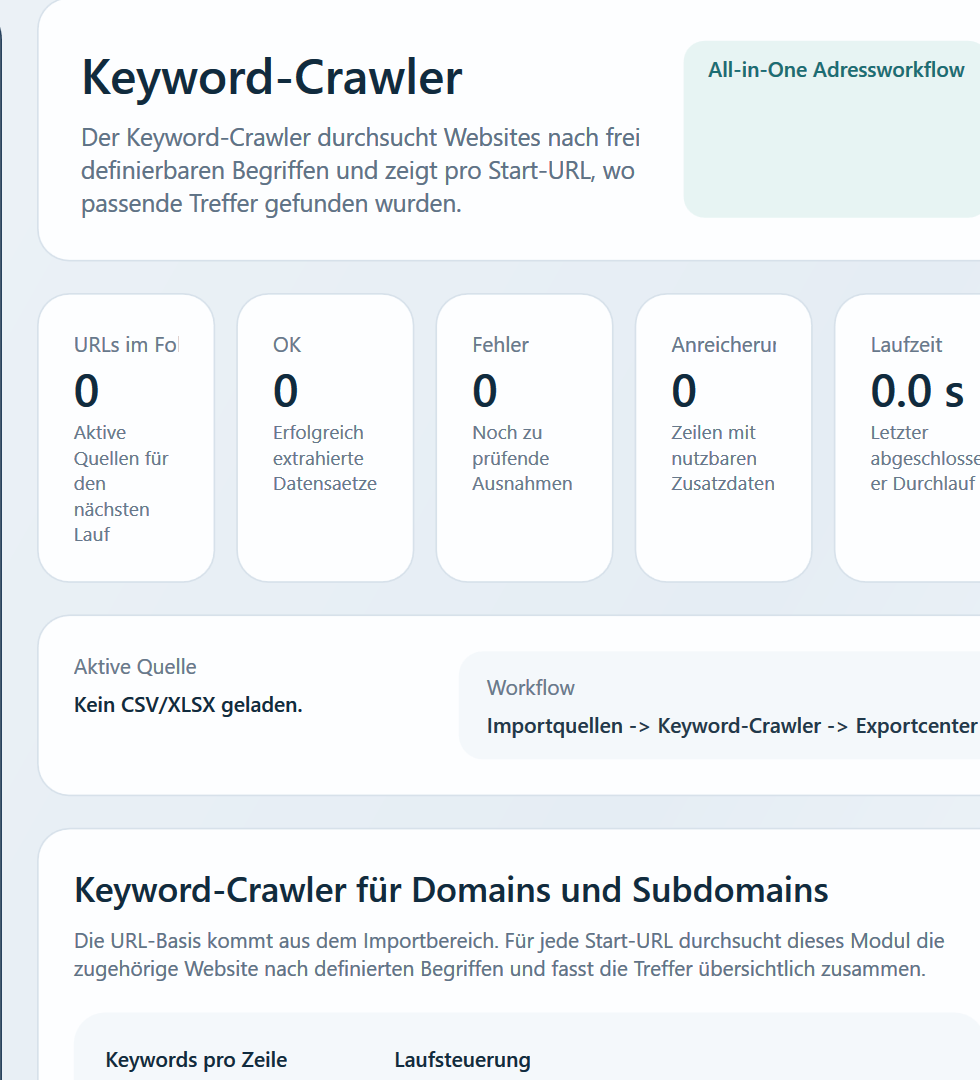 Keyword-Crawler der ImpressumCrawlerModern Windows-App mit Suchbegriffen, Laufsteuerung und Statusbereich