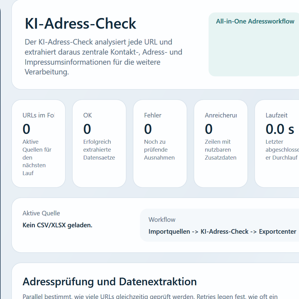 KI-Adress-Check der ImpressumCrawlerModern Windows-App mit Startparametern und Statusbereich